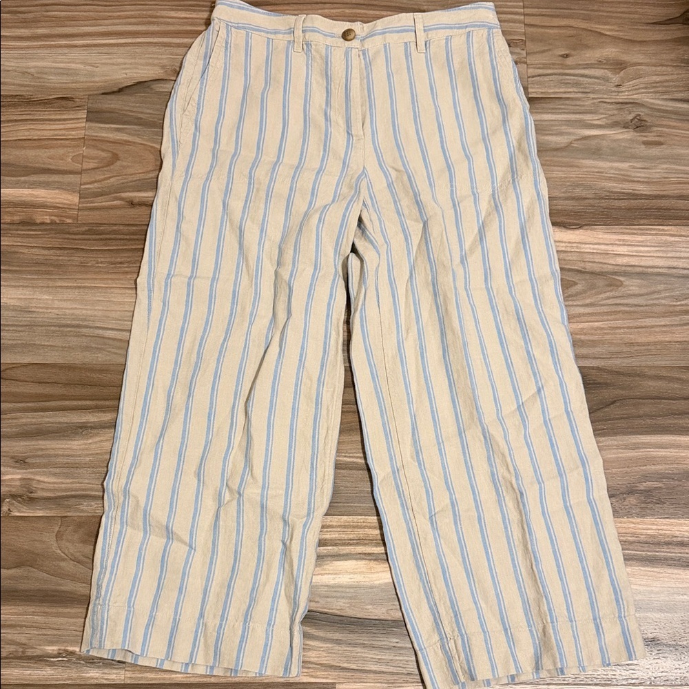J.Jill Love Linen Wide Leg Crop Pants Women’s S Blue Beige Stripe 100% Linen